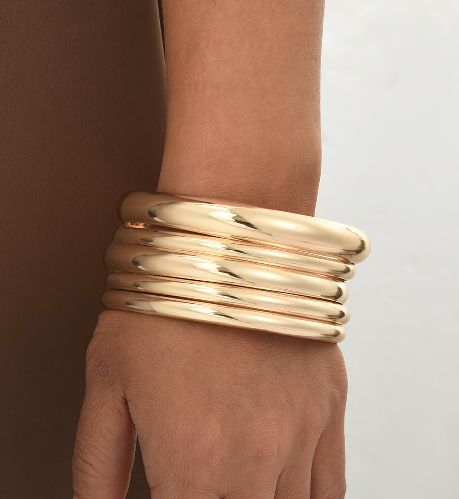 Chunky Gold Bangle Bracelets for Women, Dainty 14k Gold Plated Big Stackable Bangles Set, Trendy Statement Cuff Bracelet Stack Fashion Jewelry Gifts