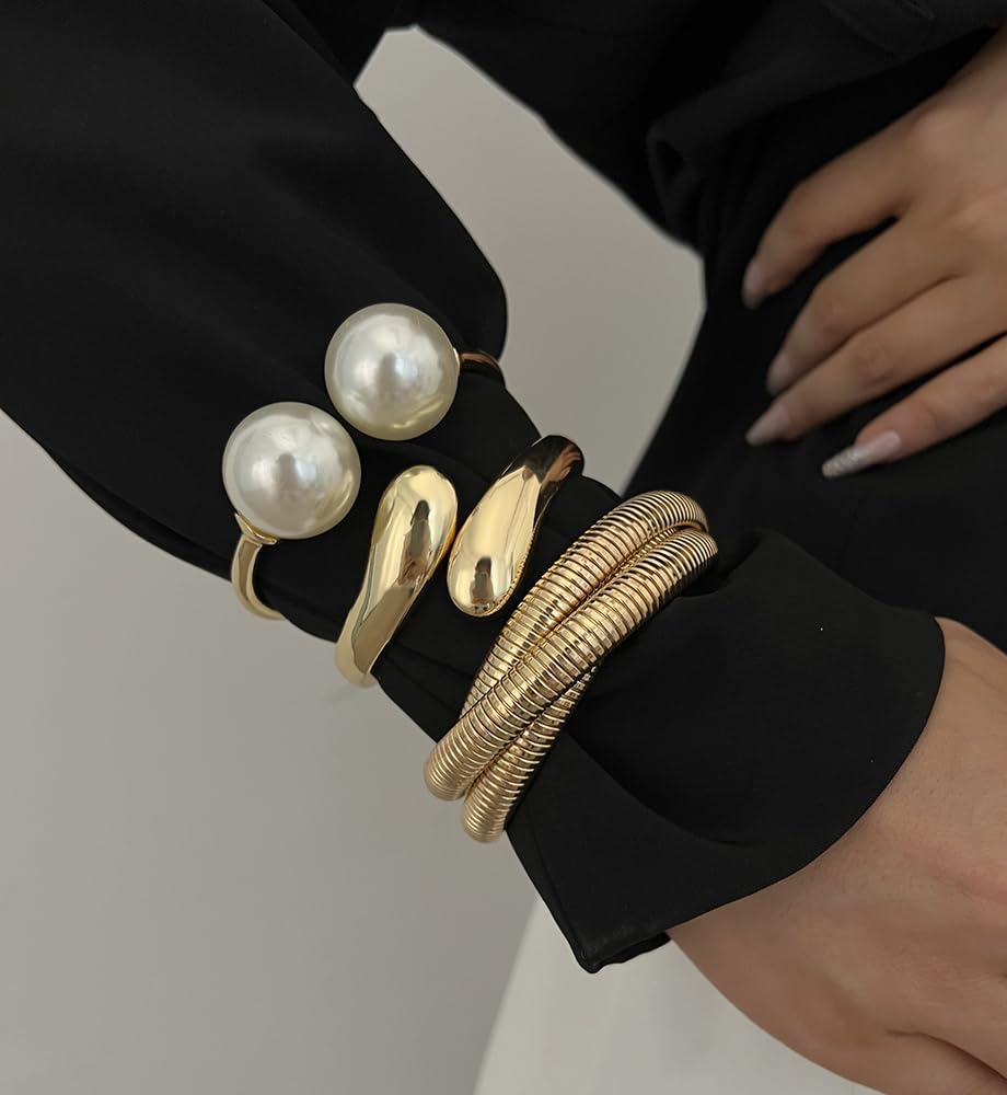 Chunky Gold Bangle Bracelets for Women, Dainty 14k Gold Plated Big Stackable Bangles Set, Trendy Statement Cuff Bracelet Stack Fashion Jewelry Gifts