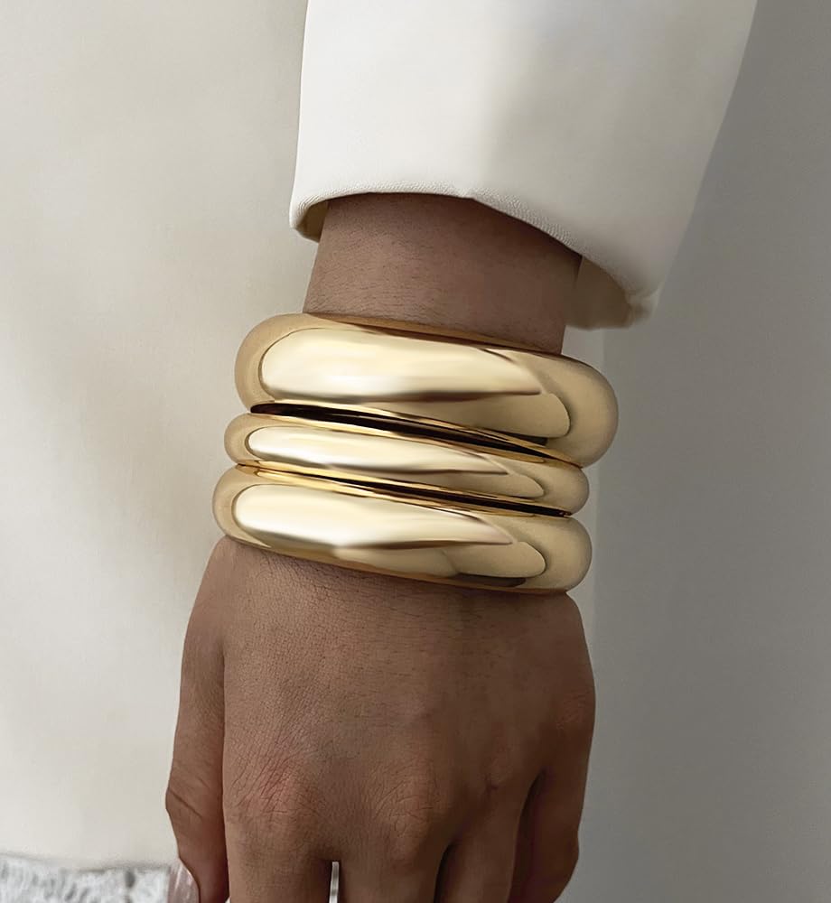 Chunky Gold Bangle Bracelets for Women, Dainty 14k Gold Plated Big Stackable Bangles Set, Trendy Statement Cuff Bracelet Stack Fashion Jewelry Gifts