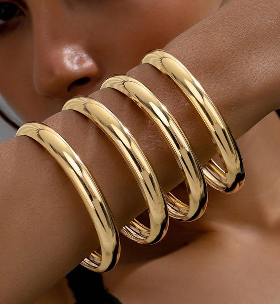 Chunky Gold Bangle Bracelets for Women, Dainty 14k Gold Plated Big Stackable Bangles Set, Trendy Statement Cuff Bracelet Stack Fashion Jewelry Gifts