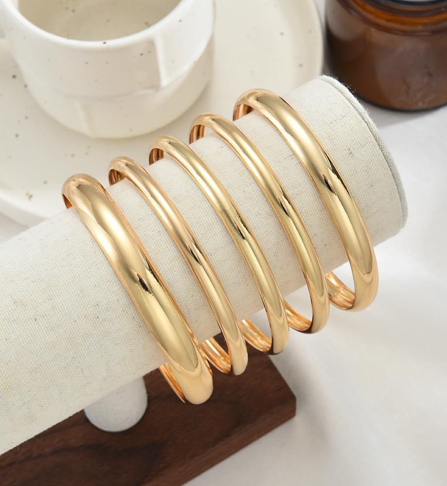 Chunky Gold Bangle Bracelets for Women, Dainty 14k Gold Plated Big Stackable Bangles Set, Trendy Statement Cuff Bracelet Stack Fashion Jewelry Gifts