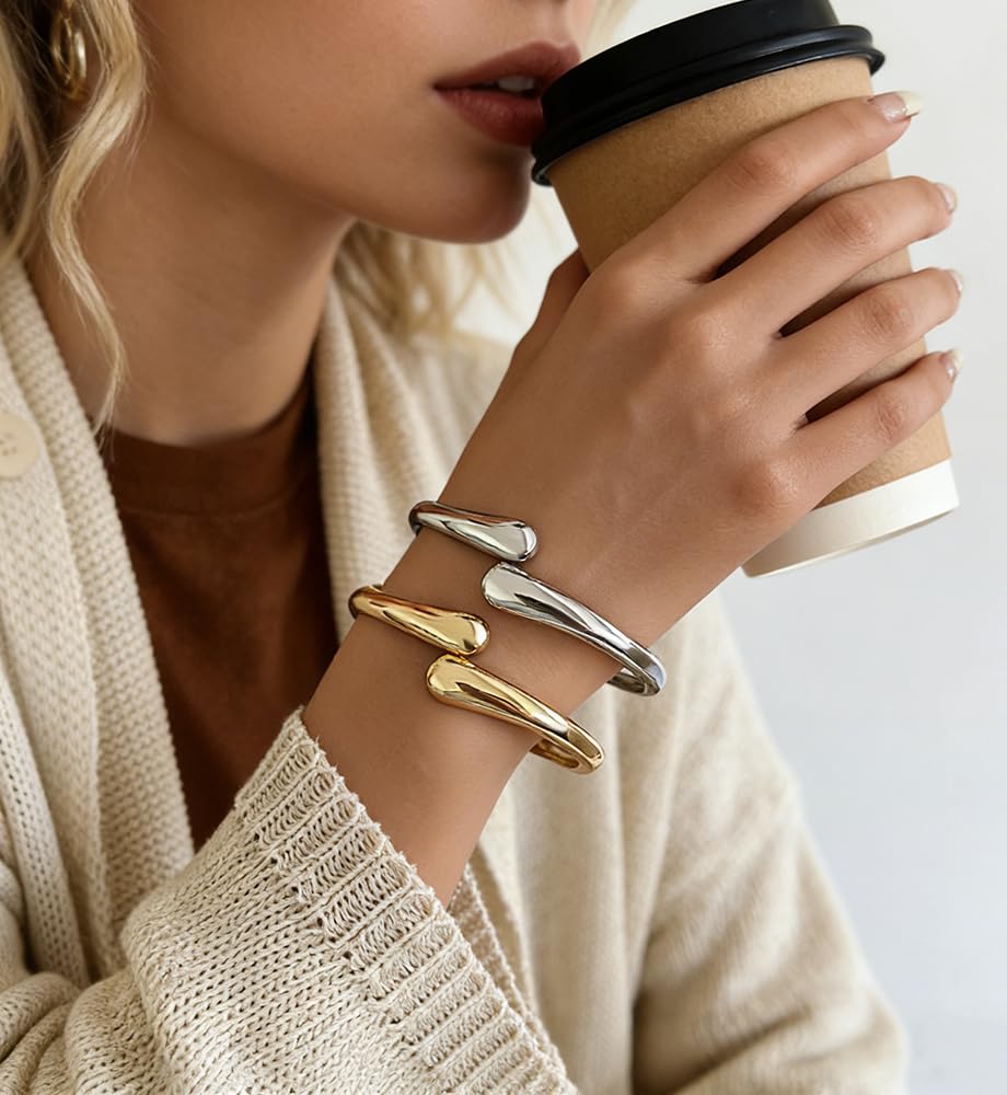 Chunky Gold Bangle Bracelets for Women, Dainty 14k Gold Plated Big Stackable Bangles Set, Trendy Statement Cuff Bracelet Stack Fashion Jewelry Gifts