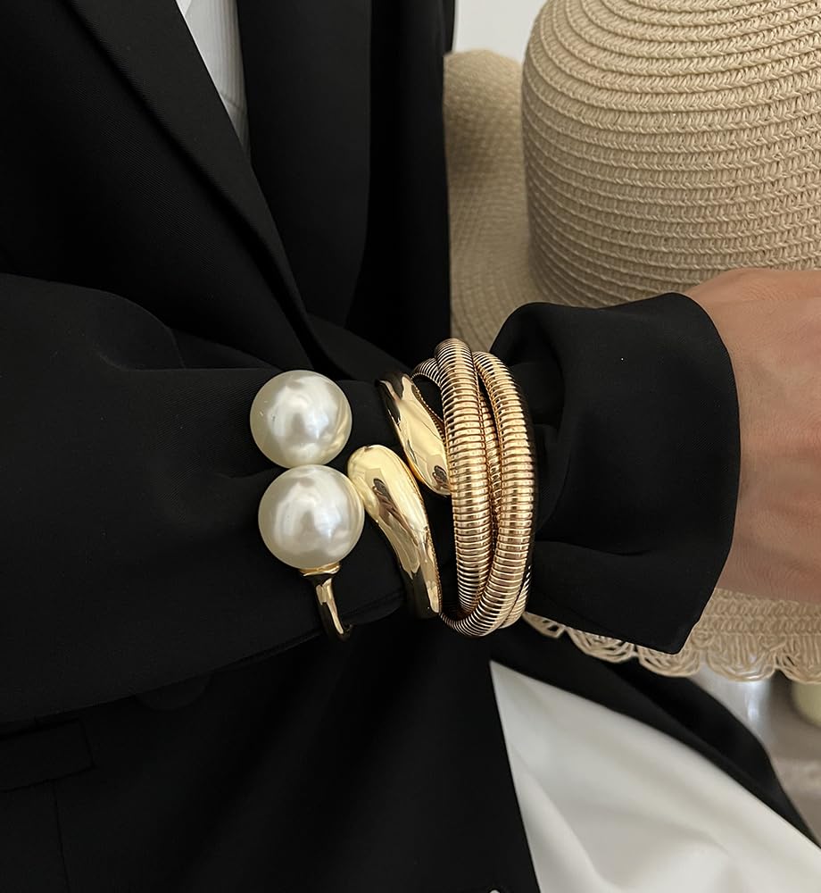Chunky Gold Bangle Bracelets for Women, Dainty 14k Gold Plated Big Stackable Bangles Set, Trendy Statement Cuff Bracelet Stack Fashion Jewelry Gifts