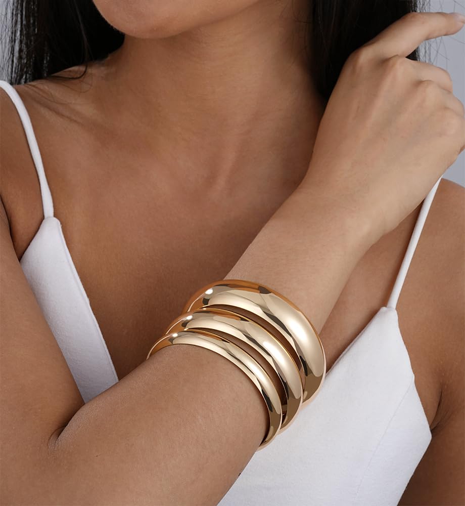 Chunky Gold Bangle Bracelets for Women, Dainty 14k Gold Plated Big Stackable Bangles Set, Trendy Statement Cuff Bracelet Stack Fashion Jewelry Gifts