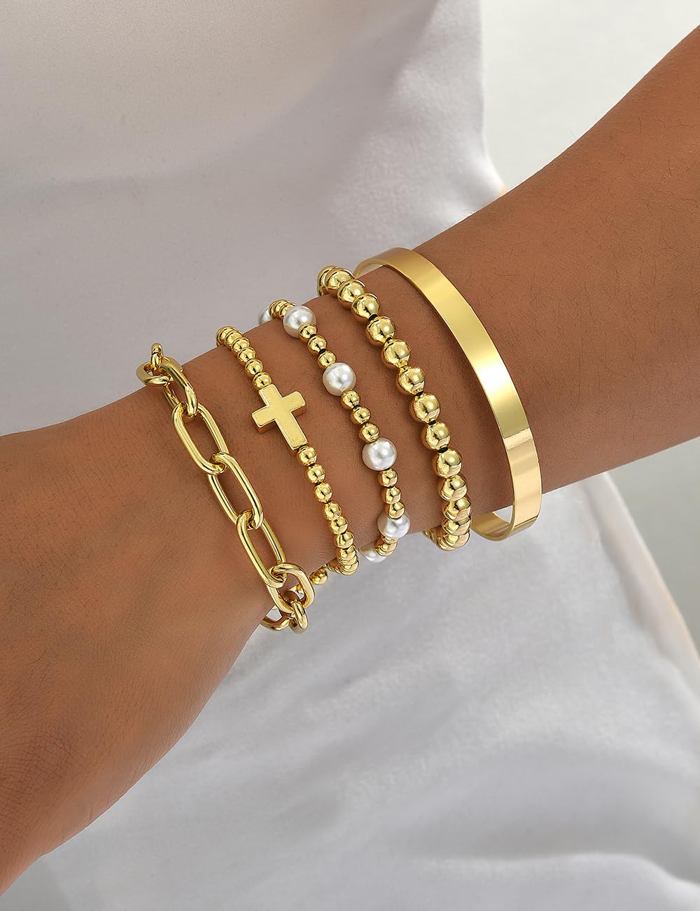 Chunky Gold Bangle Bracelets for Women, Dainty 14k Gold Plated Big Stackable Bangles Set, Trendy Statement Cuff Bracelet Stack Fashion Jewelry Gifts