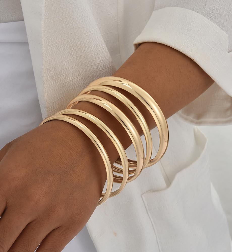 Chunky Gold Bangle Bracelets for Women, Dainty 14k Gold Plated Big Stackable Bangles Set, Trendy Statement Cuff Bracelet Stack Fashion Jewelry Gifts