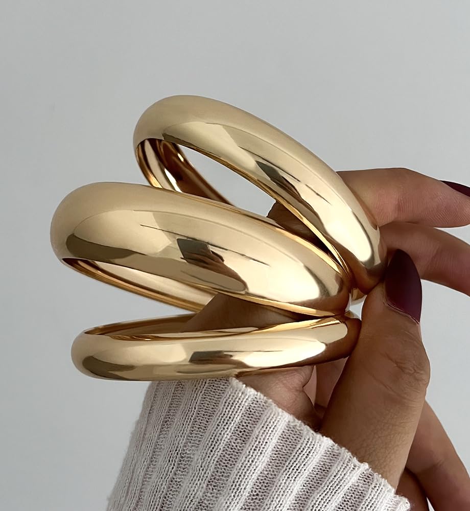 Chunky Gold Bangle Bracelets for Women, Dainty 14k Gold Plated Big Stackable Bangles Set, Trendy Statement Cuff Bracelet Stack Fashion Jewelry Gifts