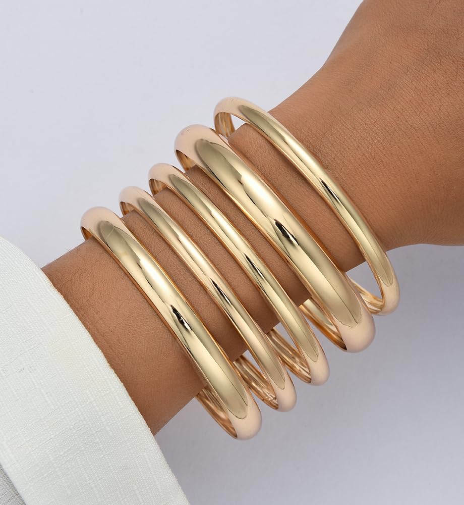 Chunky Gold Bangle Bracelets for Women, Dainty 14k Gold Plated Big Stackable Bangles Set, Trendy Statement Cuff Bracelet Stack Fashion Jewelry Gifts
