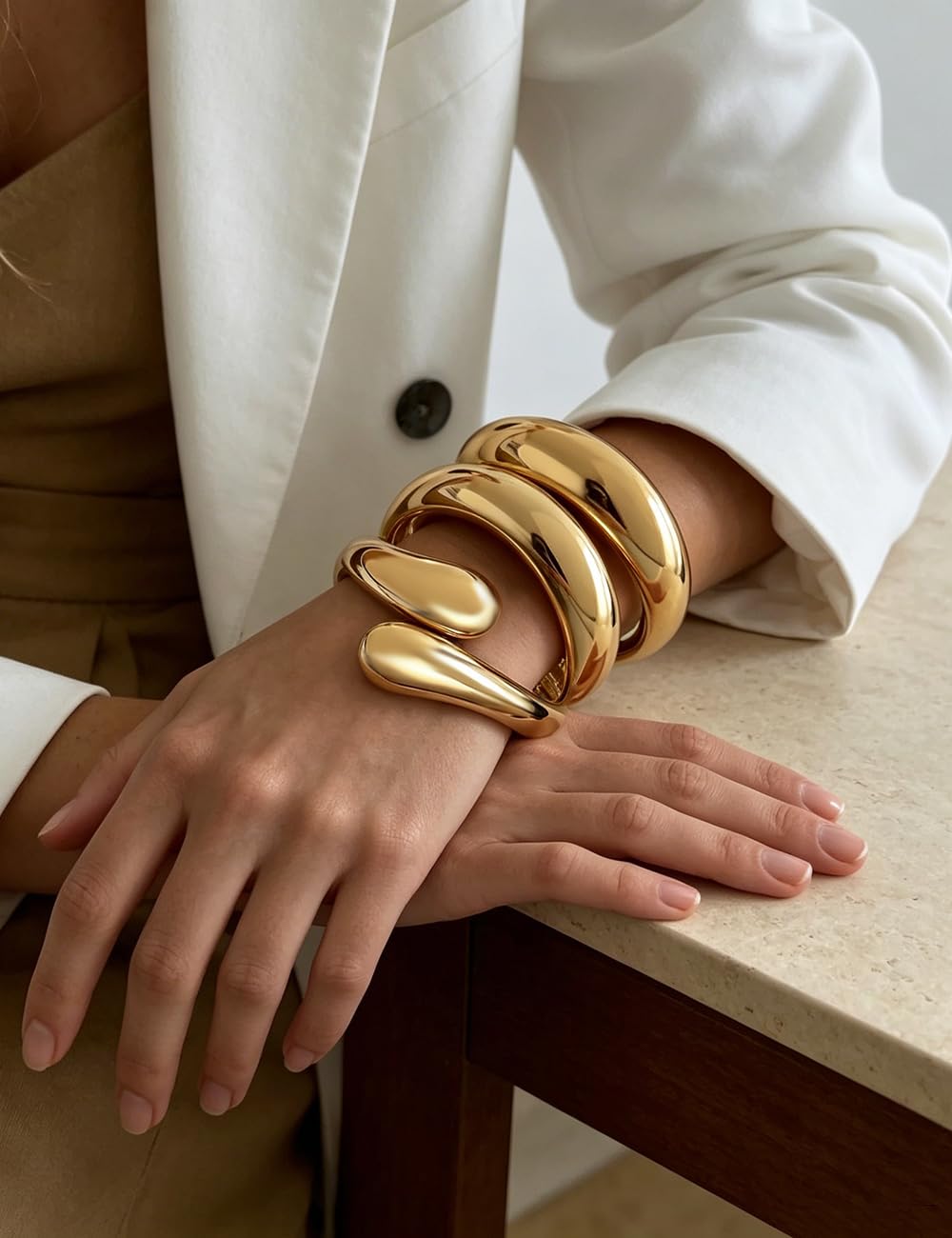 Chunky Gold Bangle Bracelets for Women, Dainty 14k Gold Plated Big Stackable Bangles Set, Trendy Statement Cuff Bracelet Stack Fashion Jewelry Gifts