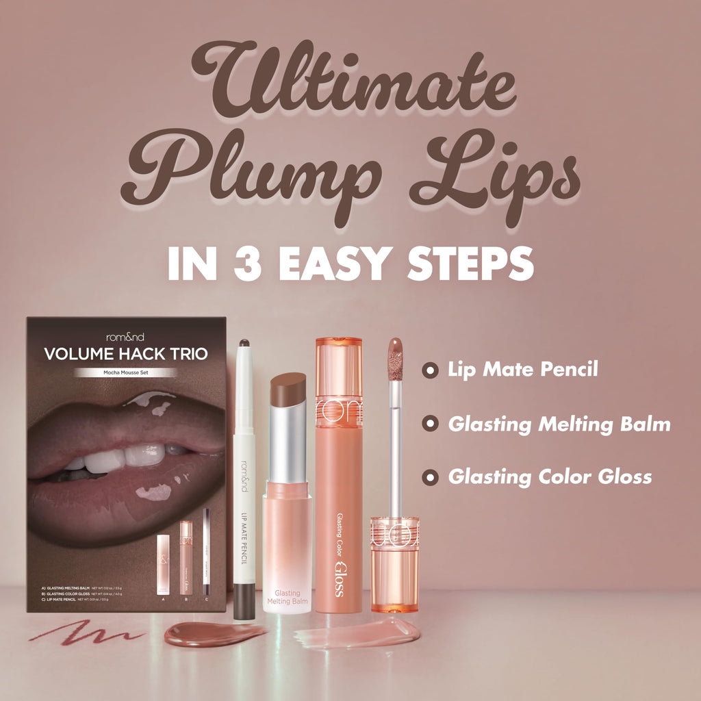 rom&nd Volume Hack Trio | 3-Step Plumping Lip Combo Set | Korean Lip Kit | Hydrated & Glossy Look | Trending on TikTok | Fuller Looking Finish | Sweet Fig Set