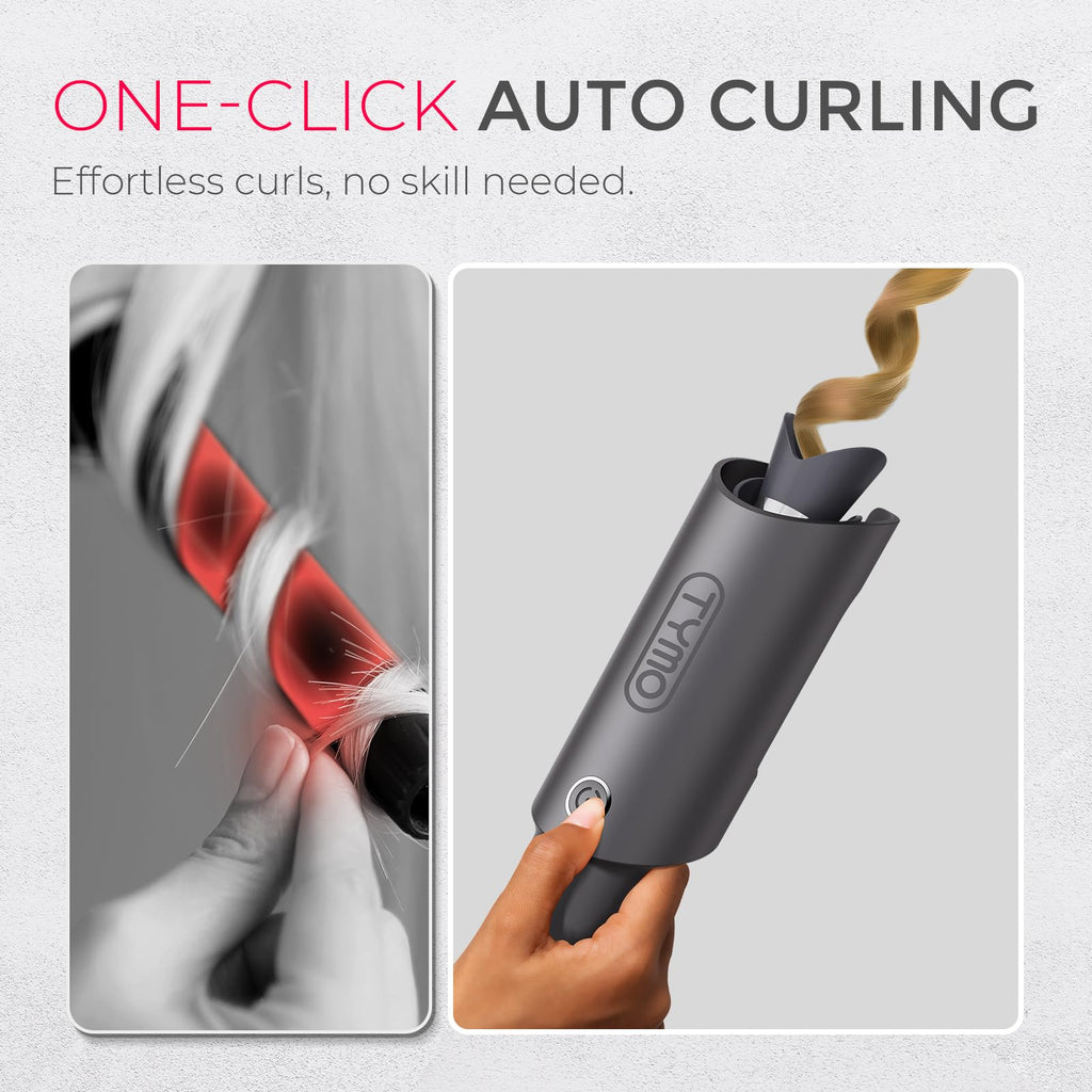 TYMO Automatic Rotating Curling Iron - TYMO CURLPRO Beach Waves Curling Wand, Portable Hair Curler, 500 Million Ionic, Dual Voltage & Lightweight for Travel, Ceramic Coating, 1 1/4 Inch, Metallic Gray
