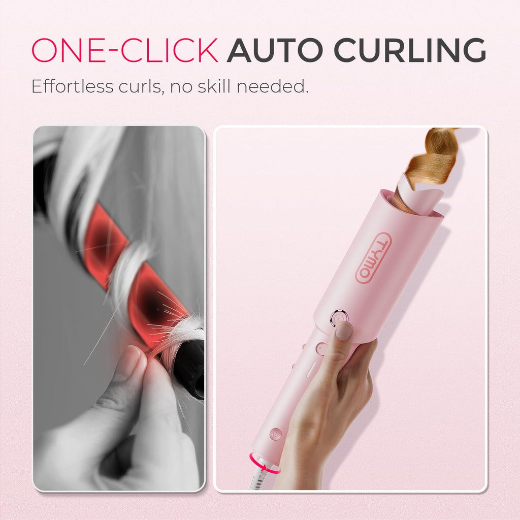 TYMO Automatic Rotating Curling Iron - TYMO CURLPRO Beach Waves Curling Wand, Portable Hair Curler, 500 Million Ionic, Dual Voltage & Lightweight for Travel, Ceramic Coating, 1 1/4 Inch, Metallic Gray