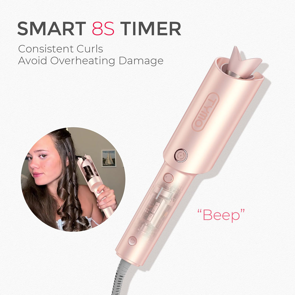 TYMO Automatic Rotating Curling Iron - TYMO CURLPRO Beach Waves Curling Wand, Portable Hair Curler, 500 Million Ionic, Dual Voltage & Lightweight for Travel, Ceramic Coating, 1 1/4 Inch, Metallic Gray