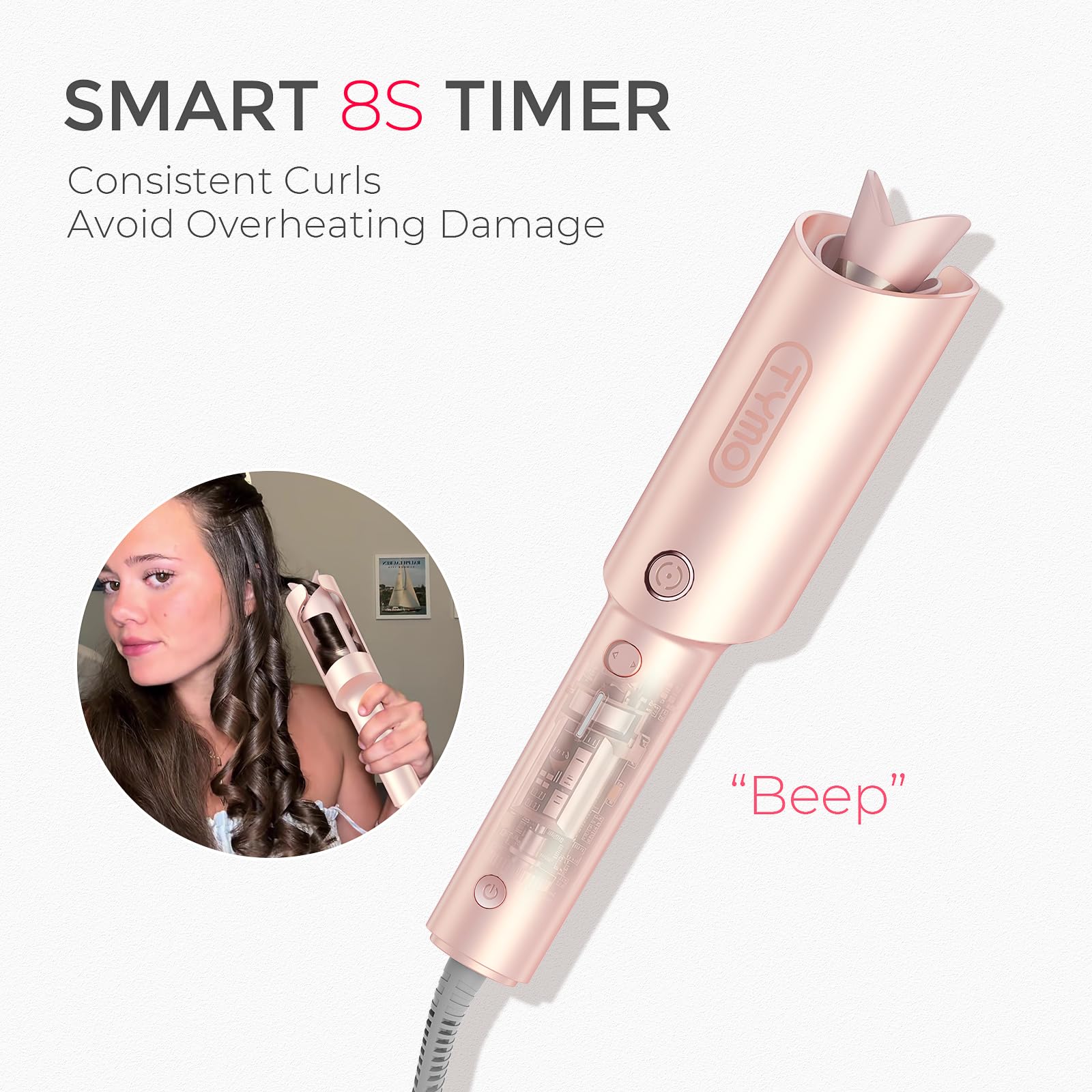 TYMO Automatic Rotating Curling Iron - TYMO CURLPRO Beach Waves Curling Wand, Portable Hair Curler, 500 Million Ionic, Dual Voltage & Lightweight for Travel, Ceramic Coating, 1 1/4 Inch, Metallic Gray