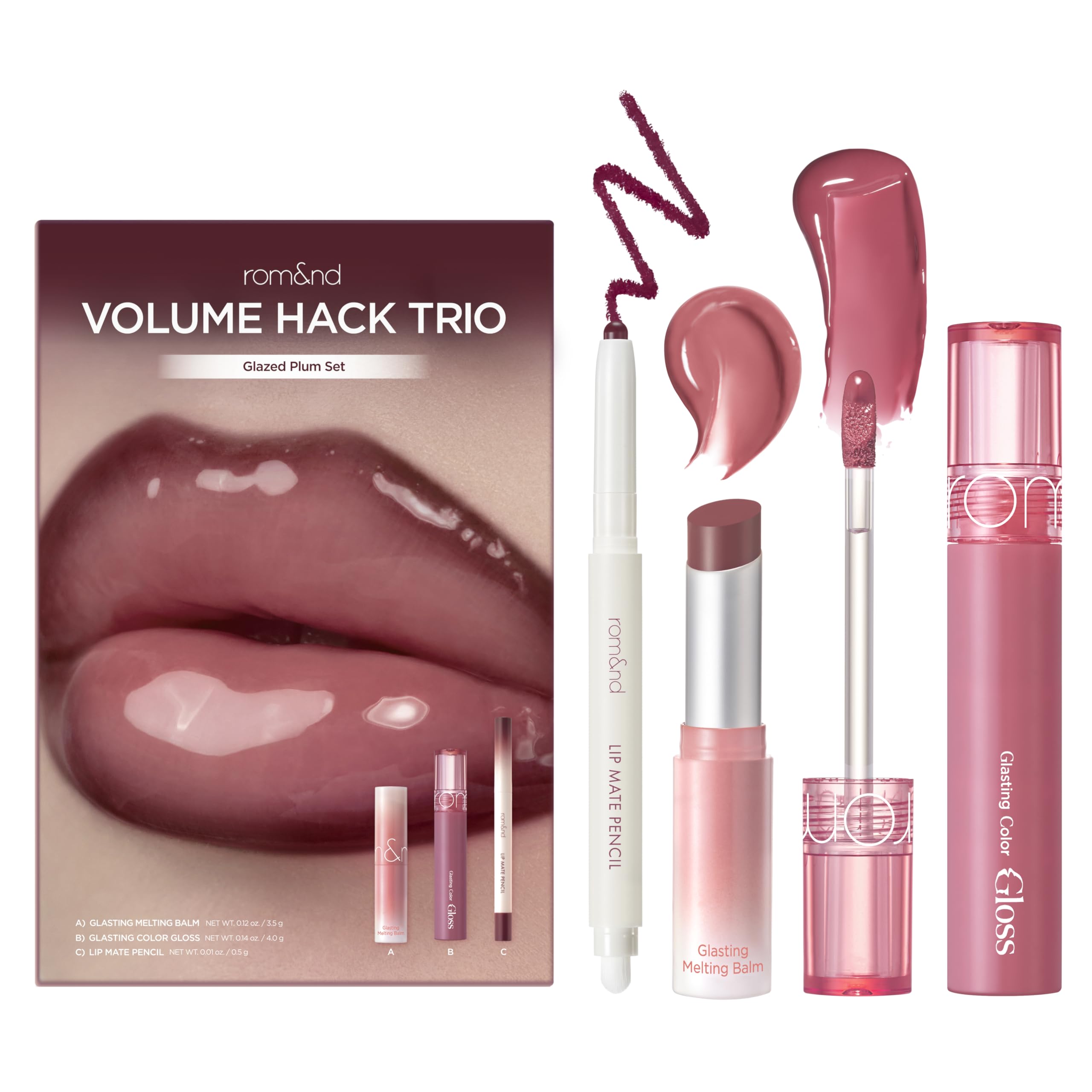 rom&nd Volume Hack Trio | 3-Step Plumping Lip Combo Set | Korean Lip Kit | Hydrated & Glossy Look | Trending on TikTok | Fuller Looking Finish | Sweet Fig Set