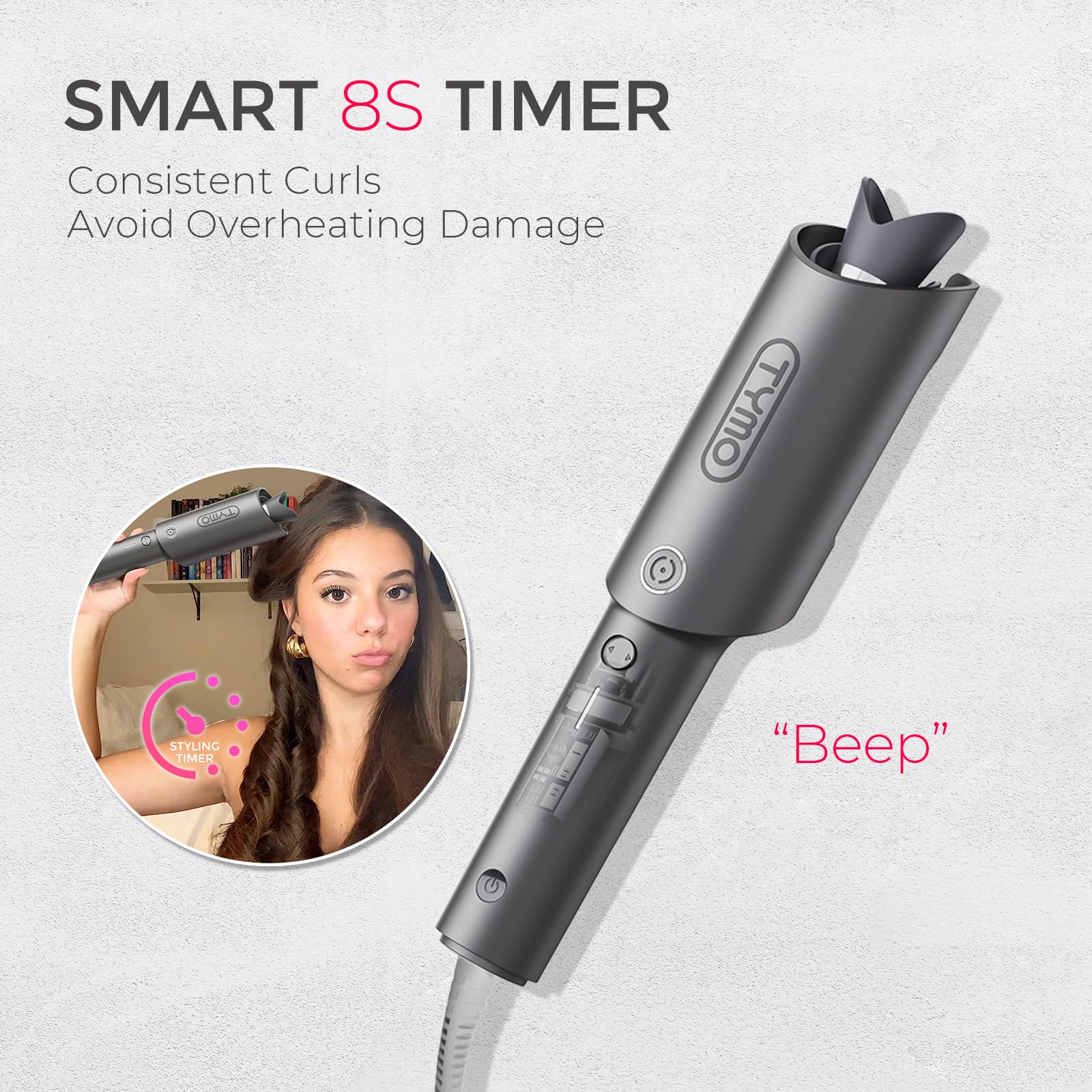 TYMO Automatic Rotating Curling Iron - TYMO CURLPRO Beach Waves Curling Wand, Portable Hair Curler, 500 Million Ionic, Dual Voltage & Lightweight for Travel, Ceramic Coating, 1 1/4 Inch, Metallic Gray
