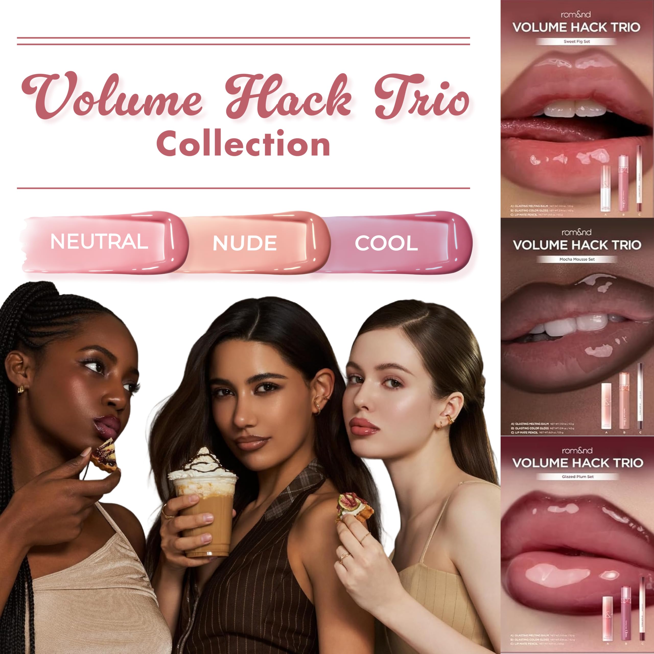 rom&nd Volume Hack Trio | 3-Step Plumping Lip Combo Set | Korean Lip Kit | Hydrated & Glossy Look | Trending on TikTok | Fuller Looking Finish | Sweet Fig Set