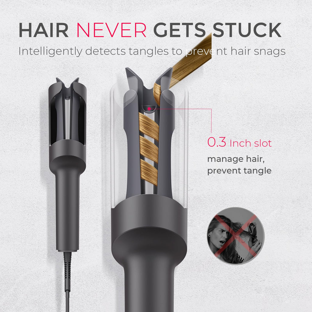 TYMO Automatic Rotating Curling Iron - TYMO CURLPRO Beach Waves Curling Wand, Portable Hair Curler, 500 Million Ionic, Dual Voltage & Lightweight for Travel, Ceramic Coating, 1 1/4 Inch, Metallic Gray